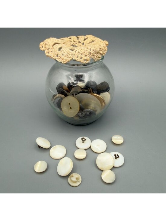 None Other - Vintage Glass Jar Assorted Buttons Mother of Pearl Variety Crochet Cover
